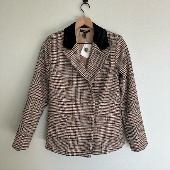 Forever 21 Plaid Double Breasted Velvet Collar Gold Buttons Blazer Jacket - Picture 1 of 4